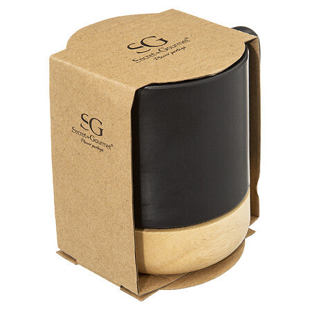 Black earthenware and bamboo mug