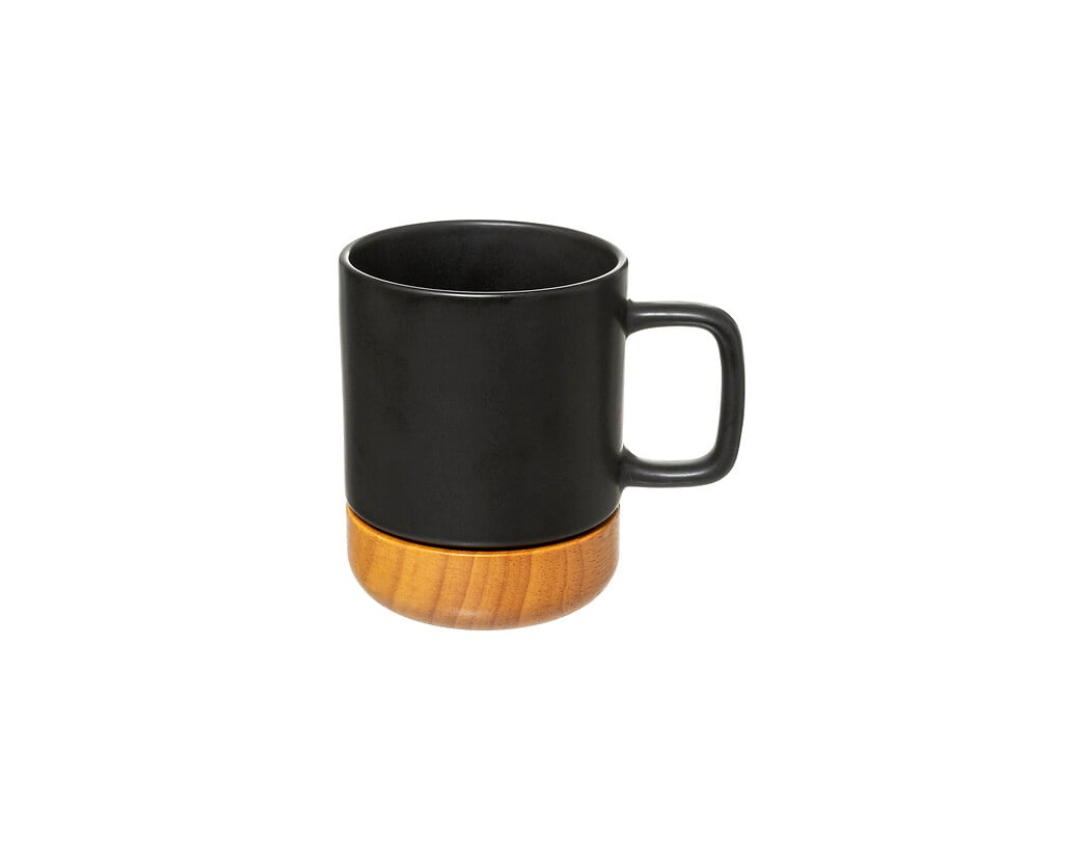 Black earthenware and bamboo mug